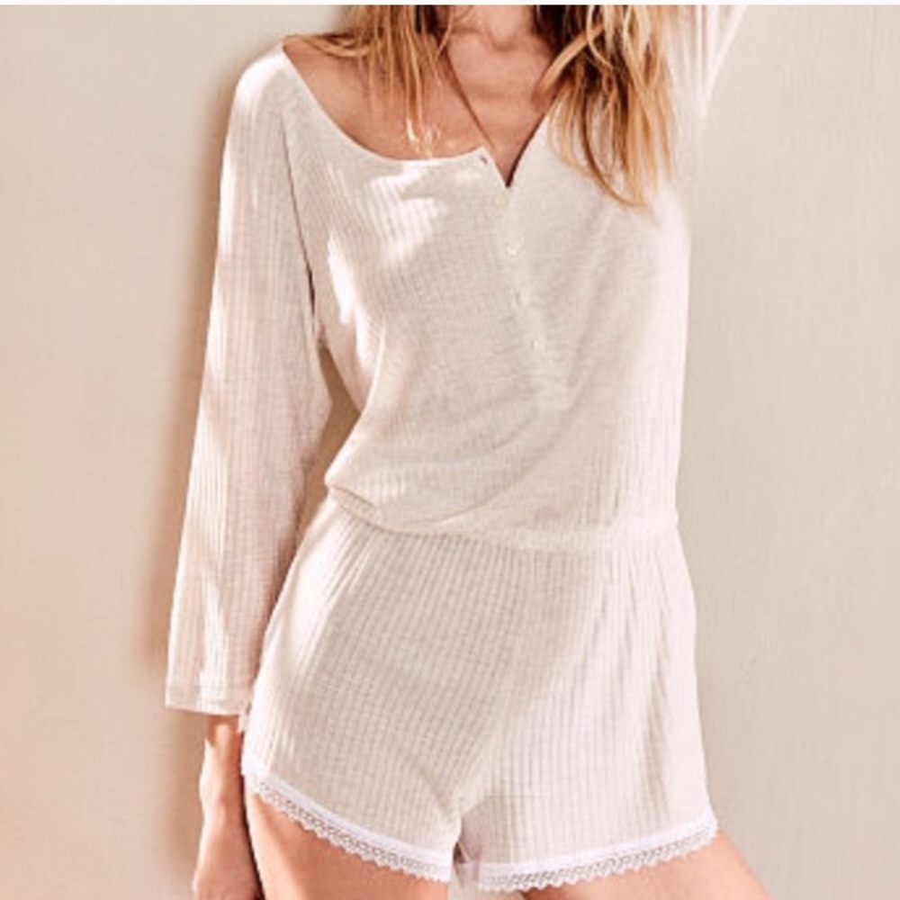 ✨VS Soft Ribbed Henley Romper in Oatmeal✨